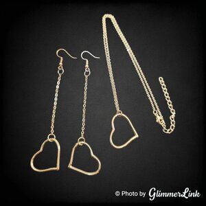 Minimalist Open Heart Pendant Necklace & Long Dangle Earrings Gold Tone Set